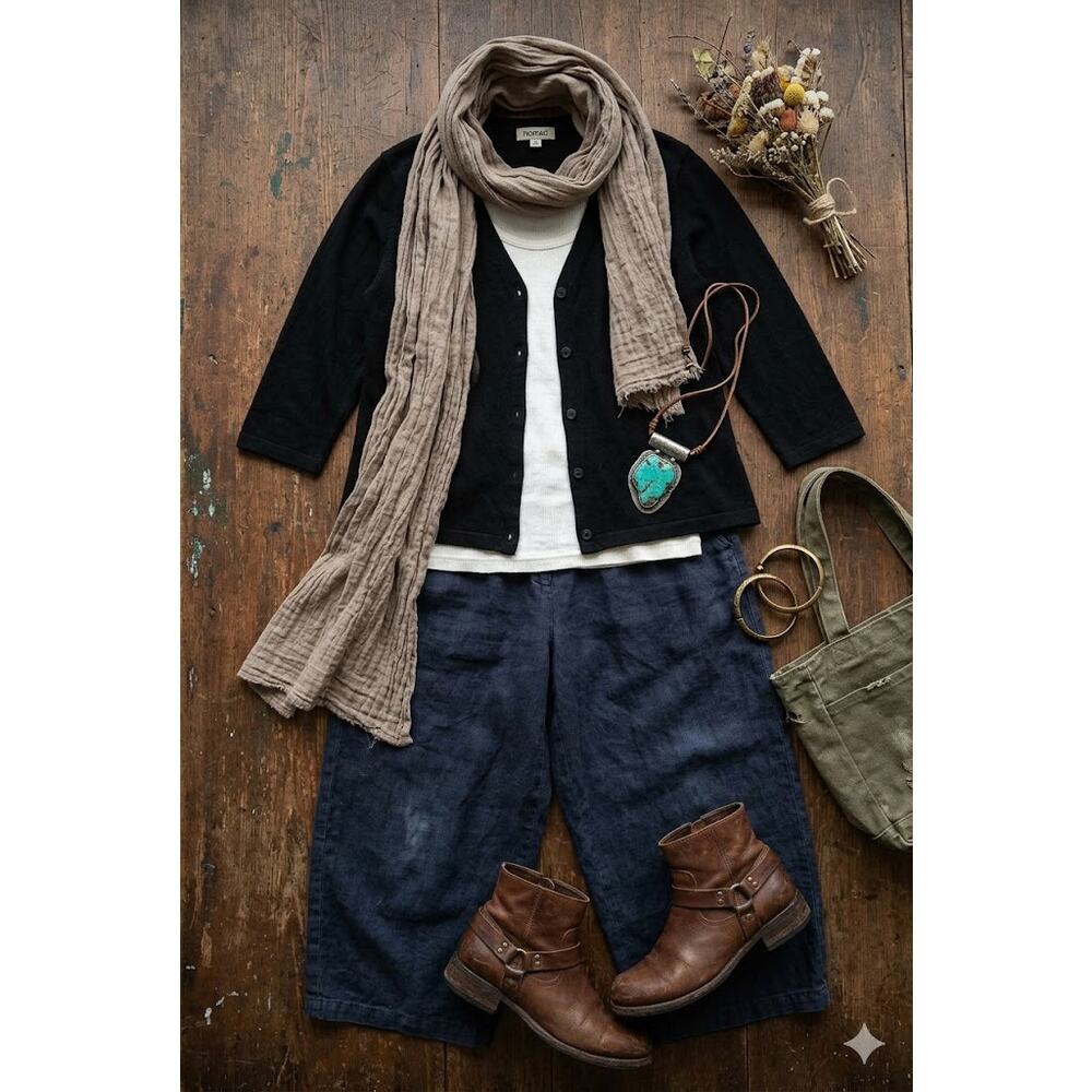 Nomad Black Lagenlook Button Up Cardigan Artsy Folk Cottagecore 3/4 Sleeve Shirt